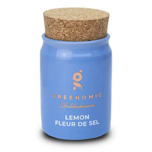 Greenomic Fleur de Sel mit Zitrone mit Keramiktopf (120g) Weltweiter Versand