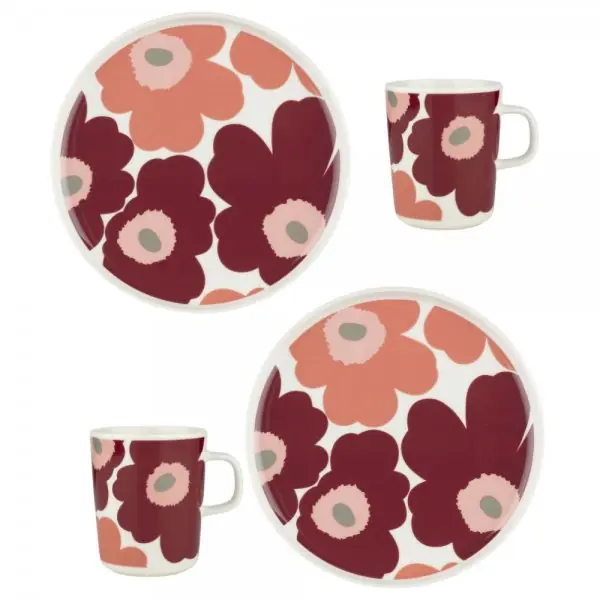 Marimekko Geschirrset Oiva Unikko Juhla White Dark Cherry Salmon Red (4-teilig) Preis Gesenkt