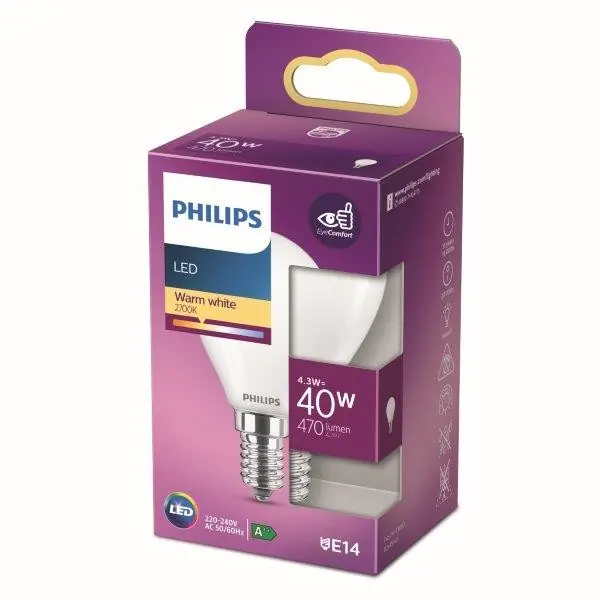 Philips 8718699763435 LED Lampe 1x4,3W | E14 | 470lm | 2700K - warmweiß, matt weiß, EyeComfort Kostenloser Rückversand