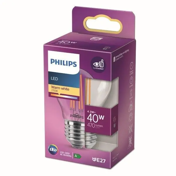 Kostenloser Rückversand Philips 8718699763176 LED Lampe 1x4,3W | E27 | 470lm | 2700K - warmweiß, transparent, EyeComfort