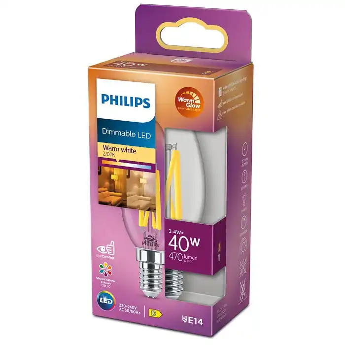 Philips 8719514324213 LED Filament 3,4w / 40W | E14 | 470lm | 2200-2700K | B35 - Dimmbar, WarmGlow Online Kaufen