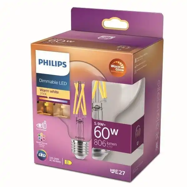 Philips 8719514323957 LED Filament 5,9w / 60W | E27 | 806lm | 2200-2700K | G93 - Dimmbar, WarmGlow Kostenloser Rückversand