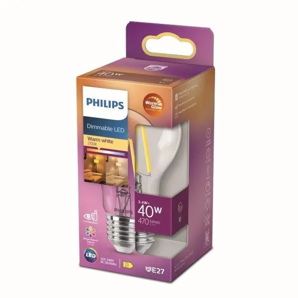 Aktuell Philips 8719514323759 LED-Filament 3,4w / 40W | E27 | 470lm | 2200-2700K | A60 - dimmbar, WarmGlow
