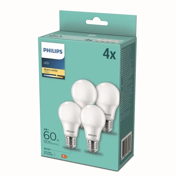 Preis Gesenkt Philips 8718699774639 LED 4x8w / 60W | E27 | 806lm | A60 | 2700k - Set 4 Stück