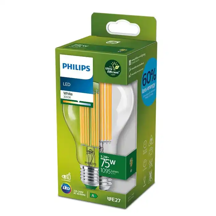Sale Philips 8719514435674 LED-Leuchtmittel 1x5,2W/75W | E27 | 1535lm | 3000K - klar, ultraeffizient