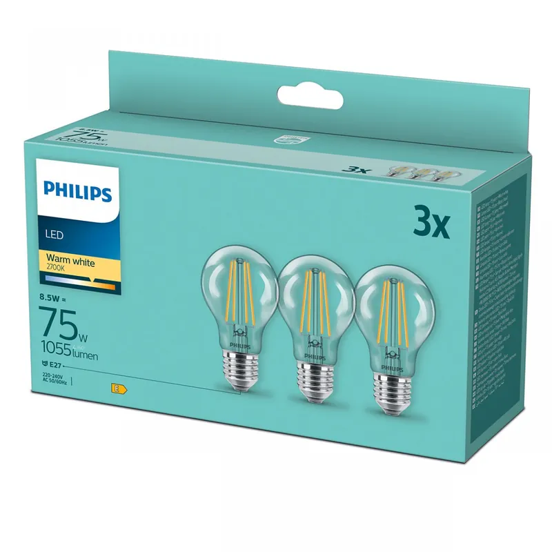 Philips 8718699696955 3er Set LED Filament Leuchtmittel E27 1x8,5W/75W | 1055lm | 2700K Preis Gesenkt