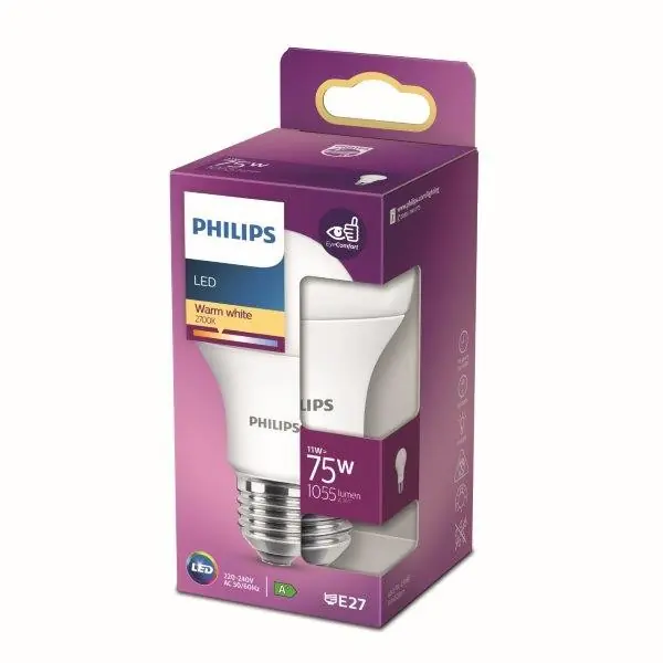 Philips 8718699769703 LED Lampe 1x11W | E27 | 1055lm | 2700K - warmweiß, matt weiß, EyeComfort Direkt Vom Hersteller