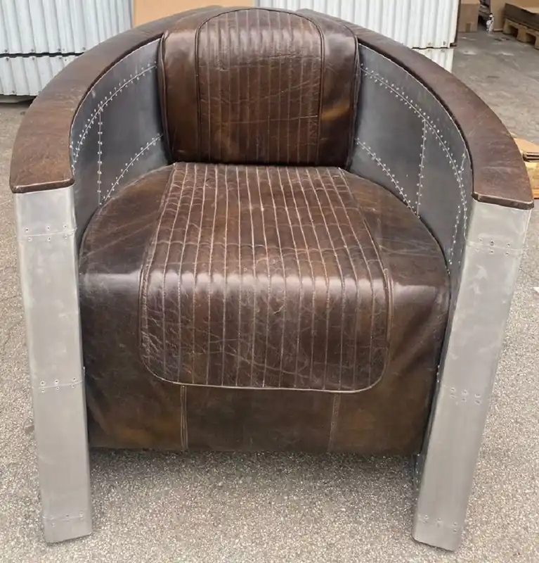 Gleich Bestellen Casa Padrino Luxus Art Deco Leder Sessel Vintage Dunkelbraun / Silber - Aluminium Wohnzimmer Sessel mit hochwertigem Echtleder - Lounge Sessel - Flugzeug Flieger Echtleder Möbel