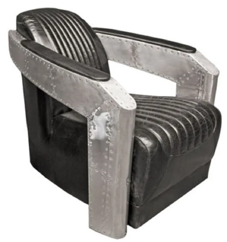 Casa Padrino Art Deco Aluminium Echtleder Sessel Schwarz / Silber 74,5 x 94 x H. 78 cm - Flugzeug Flieger Möbel - Club Sessel - Lounge Sessel Heute Kaufen