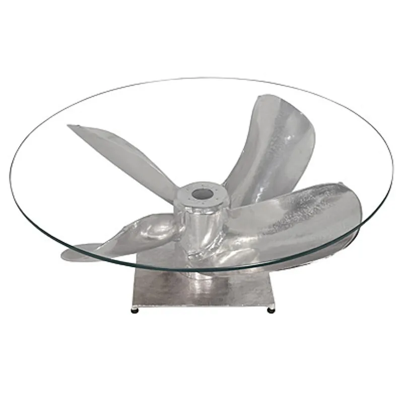 Casa Padrino Art Deco Designer Flieger Couchtisch Propeller Aluminium mit Glasplatte 89 x 65 x H 33 cm- Vintage Look Kracherpreis