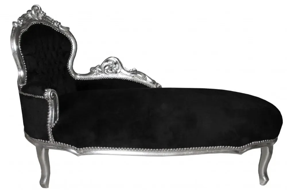 Casa Padrino Barock Chaiselongue King Schwarz / Silber- Antik Möbel Liege Recamiere Limited Edition