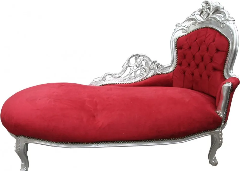 Casa Padrino Barock Chaiselongue Bordeaux Rot / Silber - Lounge Liege Recamiere Möbel Aktuell