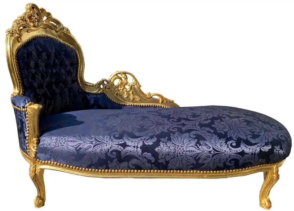 Casa Padrino Barock Chaiselongue Linke Seite Blau / Gold - Handgefertigte Massivholz Recamiere mit elegantem Muster - Barock Wohnzimmer Möbel Preisreduziert