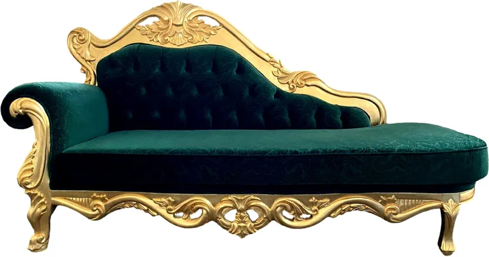 Casa Padrino Luxus Barock Chaiselongue Grün / Gold - Handgefertigte Massivholz Recamiere mit edlem Samtstoff und elegantem Muster - Barock Möbel - Edel & Prunkvoll Kostenloser Rückversand