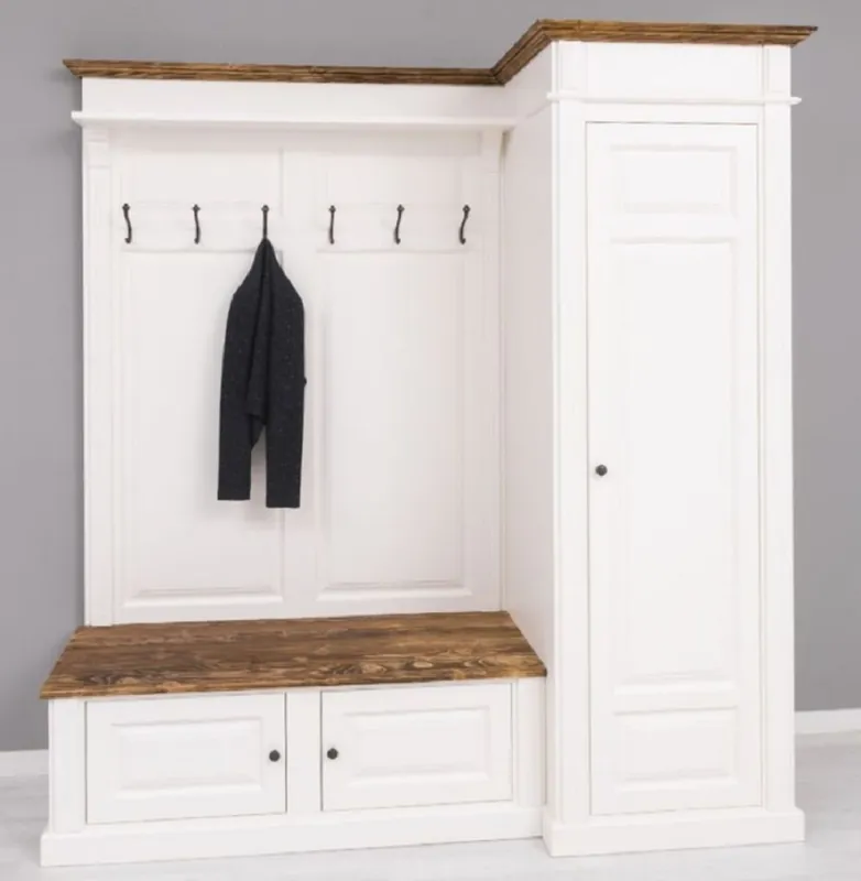 Casa Padrino Landhausstil Garderobenschrank Weiß / Braun 205 x 65 x H. 210 cm - Massivholz Garderobe - Flur Schrank - Garderoben Möbel - Massivholz Möbel - Landhausstil Möbel Preis Gesenkt