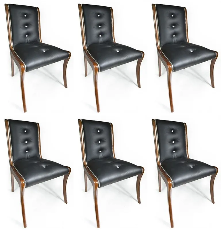 Casa Padrino Luxus Leder Esszimmer Stuhl 6er Set mit Glitzersteinen Schwarz / Braun 50 x 47 x H. 95 cm - Echtleder Küchenstühle - Echtleder Möbel - Luxus Möbel Handgefertigt