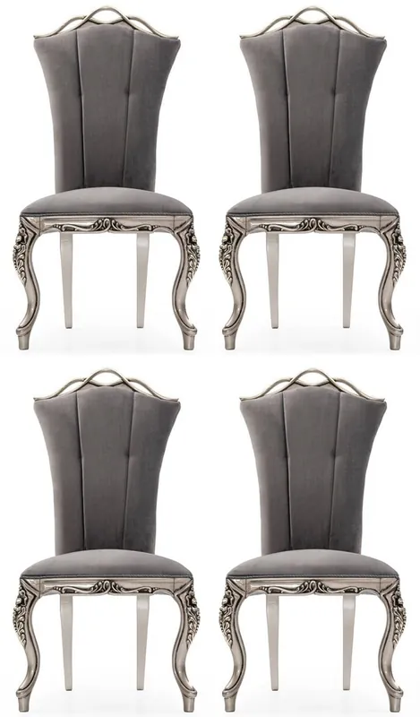 Casa Padrino Luxus Barock Esszimmer Stuhl 4er Set Grau / Silber - Prunkvolle Barockstil Küchen Stühle - Luxus Esszimmer Möbel im Barockstil - Barock Esszimmer Möbel - Barockstil Möbel Preisknaller