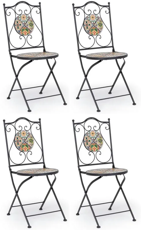 Casa Padrino Jugendstil Gartenstuhl 4er Set Schwarz / Mehrfarbig 39 x 47 x H. 92 cm - Klappbare Stühle mit Keramik Platten - Nostalgische Garten & Gastronomie Möbel Super-Preis