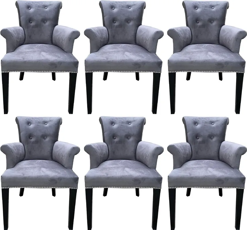 Ab Werk Casa Padrino Luxus Esszimmerstuhl 6er Set Grau / Schwarz - Massivholz Küchenstühle mit Armlehnen und edlem Samtstoff - Luxus Esszimmer & Restaurant Möbel