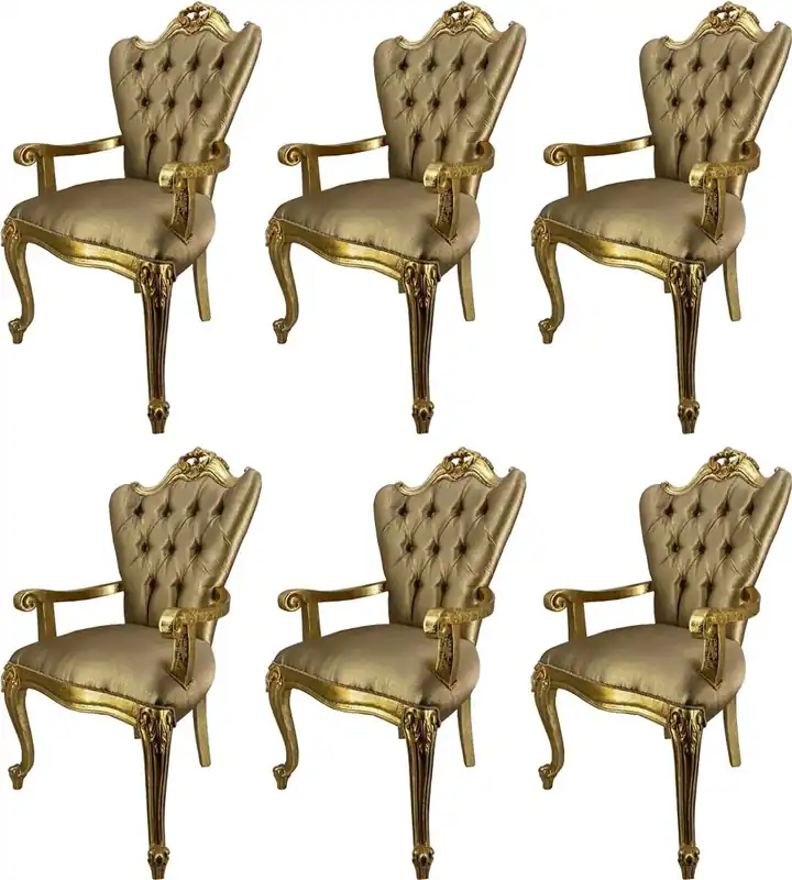 Casa Padrino Luxus Barock Esszimmerstuhl Set Gold / Gold - 6 Küchen Stühle mit Armlehnen - Barock Esszimmer Möbel - Edel & Prunkvoll Top-Qualität