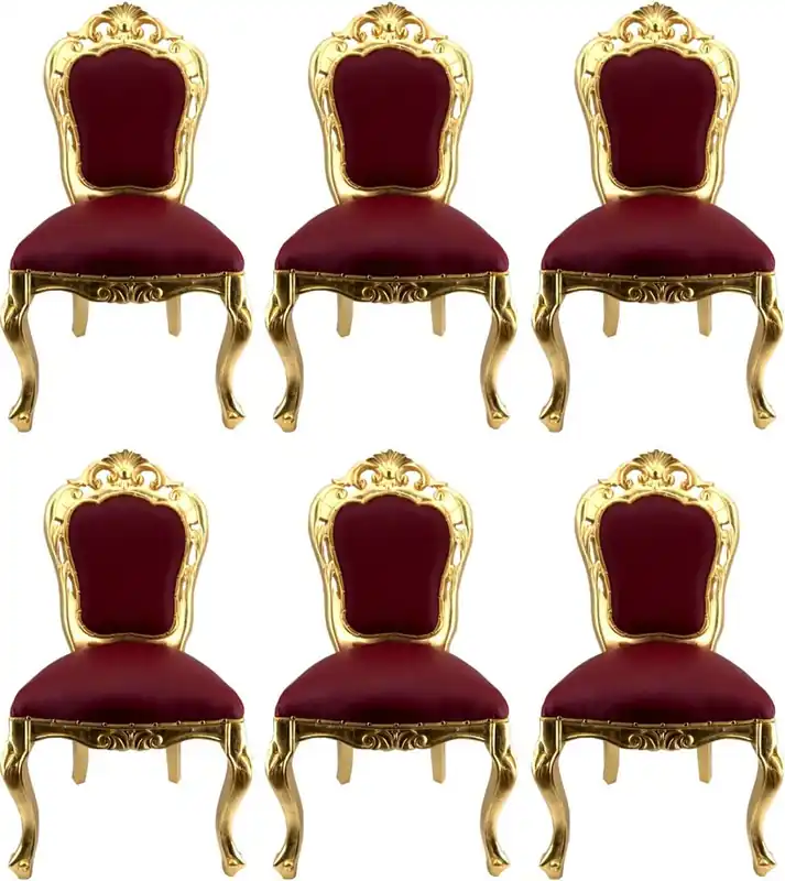 Casa Padrino Luxus Barock Esszimmerstuhl Set Bordeauxrot / Gold - 6 handgefertigte Esszimmerstühle mit Lederoptik - Barock Esszimmer Möbel Schnäppchen