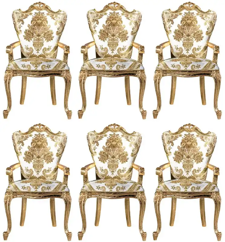 Casa Padrino Luxus Barock Esszimmerstuhl Set Weiß / Gold - 6 handgefertigte Küchen Stühle mit Armlehnen und elegantem Muster - Barock Esszimmer Möbel - Edel & Prunkvoll Sichere Zahlung