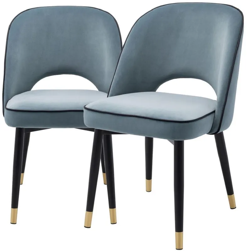 Sonderaktion Casa Padrino Luxus Esszimmerstuhl Set Blau / Schwarz / Messing 53 x 56 x H. 84 cm - Esszimmerstühle mit edlem Samtstoff - Esszimmer Möbel