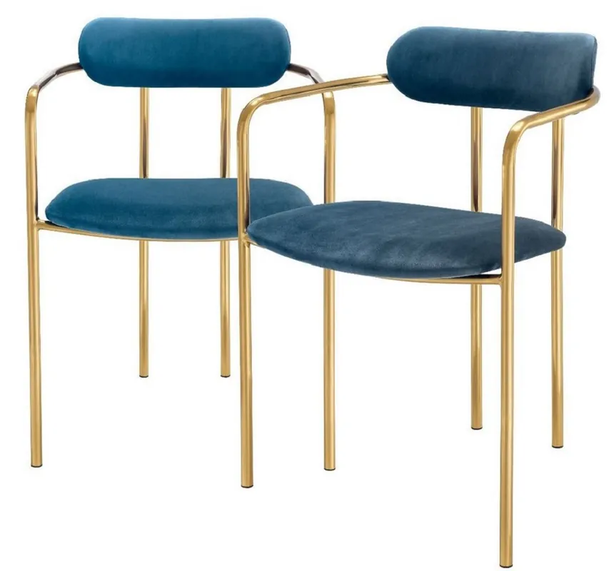 Casa Padrino Luxus Esszimmerstühle mit Armlehnen Blau / Gold 53 x 50 x H. 74 cm - Küchenstühle mit edlem Samtstoff - Esszimmer Set - Esszimmer Möbel Aktuell