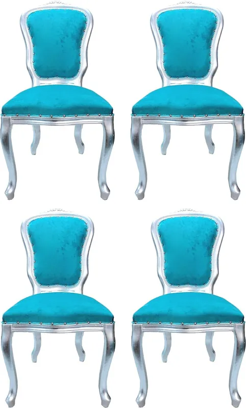 Casa Padrino Luxus Barock Esszimmer Set Louis Türkis / Silber 50 x 60 x H. 104 cm - 4 handgefertigte Esszimmerstühle - Barock Esszimmermöbel - Made in Italy Schnäppchen