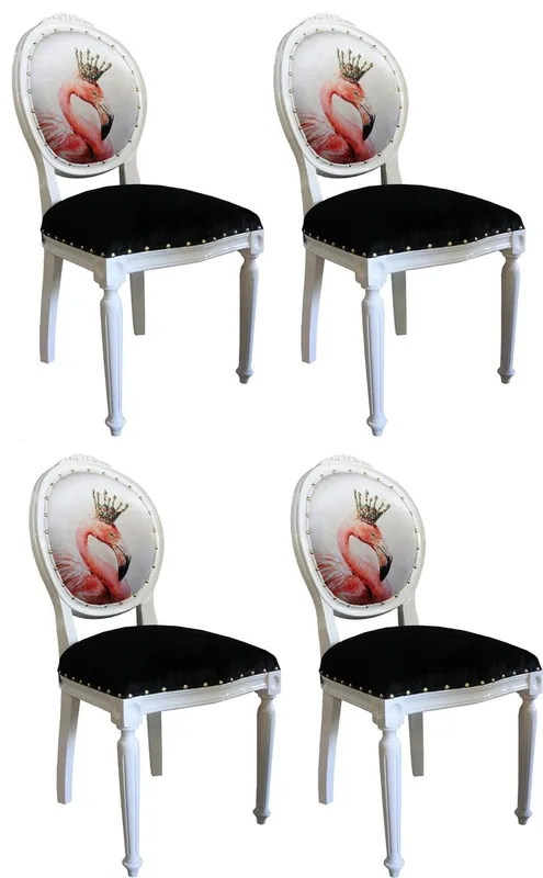Jetzt Bestellen Casa Padrino Luxus Barock Esszimmer Set Flamingo mit Krone Weiß / Schwarz / Mehrfarbig 48 x 50 x H. 98 cm - 4 handgefertigte Esszimmerstühle mit Bling Bling Glitzersteinen - Barock Esszimmermöbel