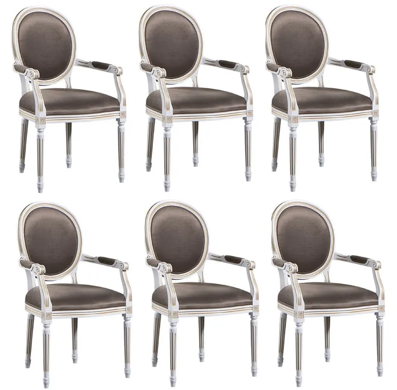 Zertifiziert Casa Padrino Luxus Barock Esszimmer Set Weiß / Gold / Grau 59 x 43,5 x H. 98 cm - 6 Esszimmerstühle mit Armlehnen - Esszimmermöbel
