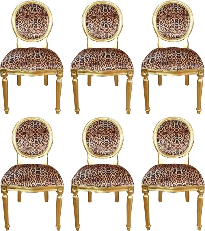 Jetzt Bestellen Casa Padrino Luxus Barock Esszimmer Set Medaillon Leopard / Gold 50 x 52 x H. 99 cm - 6 handgefertigte Esszimmerstühle - Barock Esszimmermöbel