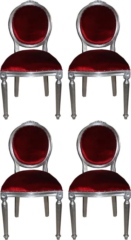 Direktkauf Casa Padrino Luxus Barock Esszimmer Set Medaillon Bordeauxrot / Silber 50 x 52 x H. 99 cm - 4 handgefertigte Esszimmerstühle - Barock Esszimmermöbel