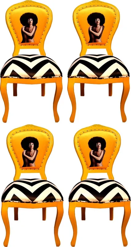 Großhandel Casa Padrino Luxus Barock Esszimmer Set Schwarz / Weiß Streifen / Gelb 55 x 54 x H. 103 cm - 4 handgefertigte Designer Esszimmerstühle - Barock Esszimmermöbel