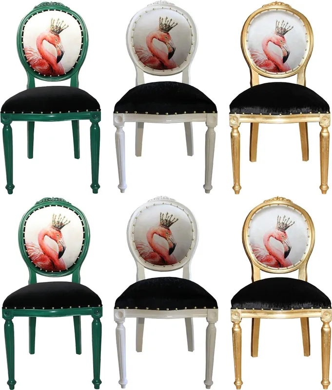 Casa Padrino Luxus Barock Esszimmer Set Flamingo mit Krone Grün / Weiß / Gold 48 x 50 x H. 98 cm - 6 handgefertigte Esszimmerstühle mit Bling Bling Glitzersteinen - Barock Esszimmermöbel Online Kaufen