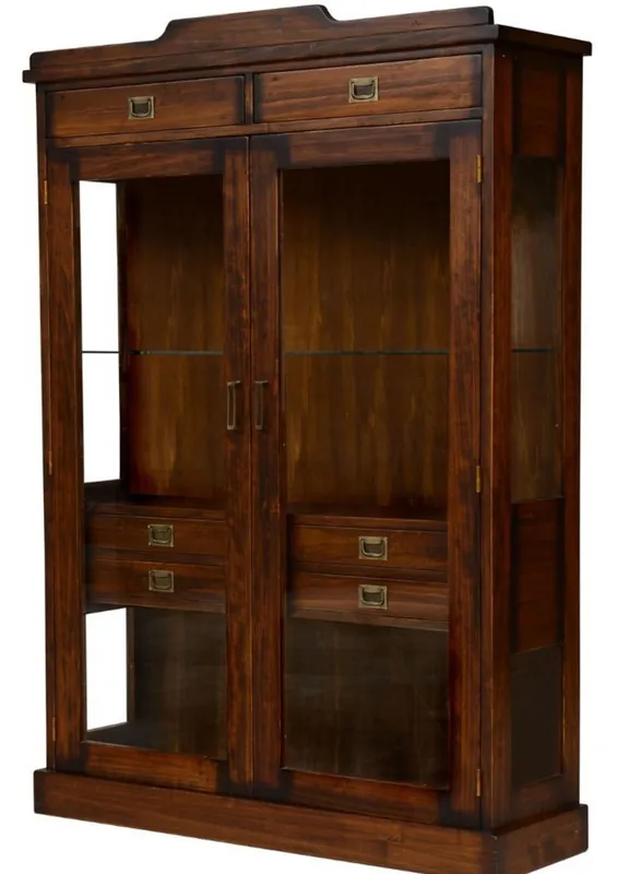 Jetzt Bestellen Casa Padrino Luxus Vintage Stil Vitrine Braun / Messing 120 x 37 x H. 171,5 cm - Massivholz Vitrinenschrank mit 2 Glastüren und 6 Schubladen - Massivholz Möbel - Vintage Stil Möbel - Luxus Möbel