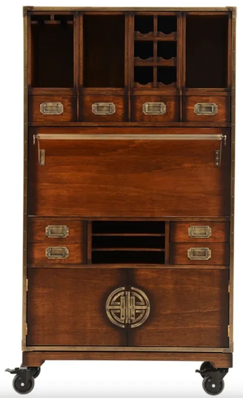 Gratis Versand Casa Padrino Luxus Vintage Stil Barschrank mit Rollen Braun 96 x 37 x H. 173,5 cm - Massivholz Weinschrank - Vintage Stil Bar Möbel - Luxus Bar Möbel - Massivholz Bar Möbel