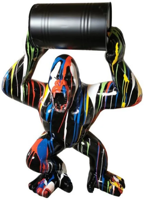 Preisreduziert Casa Padrino Luxus Deko Skulptur Gorilla Affe mit Fass Schwarz / Mehrfarbig H. 140 cm - Große Deko Figur - XXL Deko Skulptur - XXL Deko Figur - Wohnzimmer Deko - Garten Deko - Luxus Figuren
