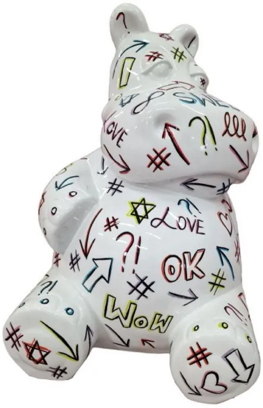 Neue Ware Casa Padrino Designer Deko Skulptur Sitzendes Nilpferd Weiß / Mehrfarbig H. 48 cm - Wetterbeständige Deko Skulptur - Wohnzimmer Deko Figur - Garten Deko Figur - Deko Tierfigur - Deko Accessoires