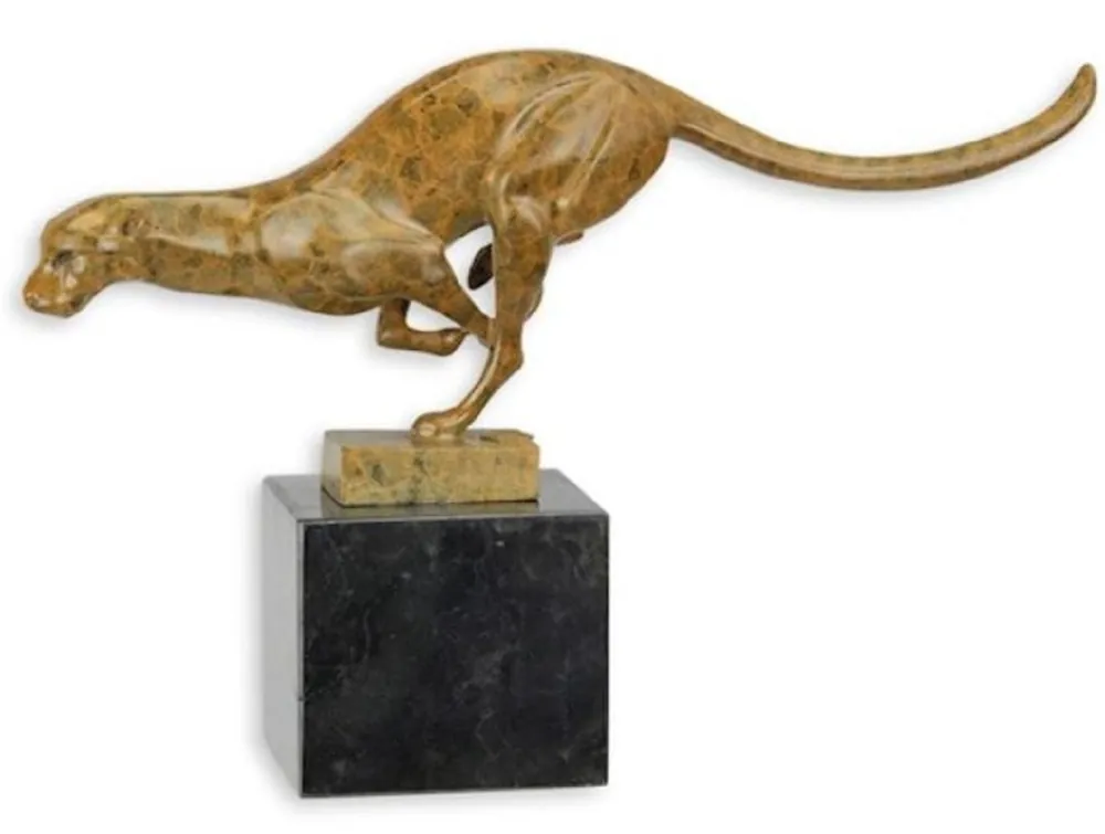 Casa Padrino Luxus Bronze Figur Puma mit Marmorsockel Beige / Schwarz 30,6 x 7,5 x H. 19,7 cm - Bronze Skulptur - Dekofigur - Tierfigur - Luxus Deko Accessoires Meistverkauft