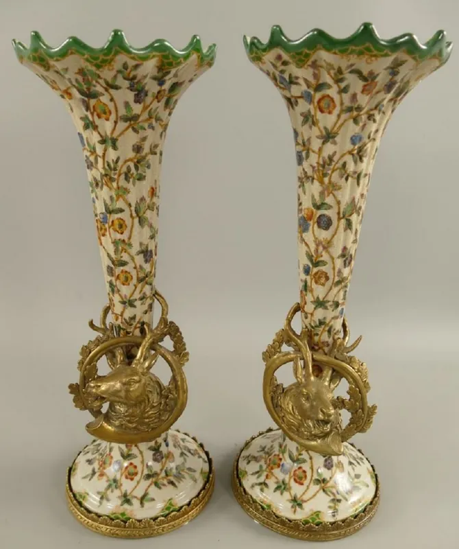 Neu Im Sortiment Casa Padrino Jugendstil Porzellan Vasen Set Creme / Mehrfarbig / Messing Ø 12 x H. 34 cm - Barock & Jugendstil Deko Accessoires