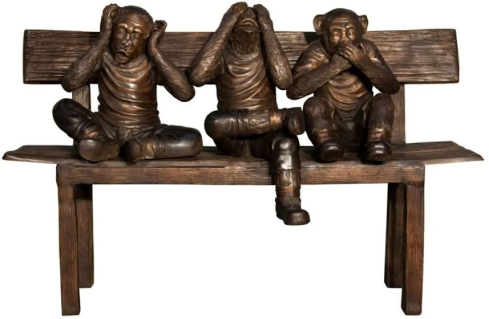 Casa Padrino Luxus Bronze Skulptur 3 Affen auf Sitzbank 112 x 46 x H. 76 cm - Wohnzimmer Deko Figur - Luxus Deko Accessoires Hochwertig