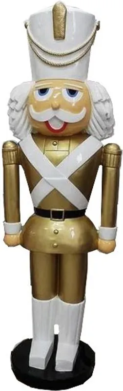 Casa Padrino Deko XXL Skulptur Nußknacker Gold / Weiß mit Uniform Lebensgross 180 cm - Weihnachten Weihnachtsdeko Kaufhausdeko Sonderaktion
