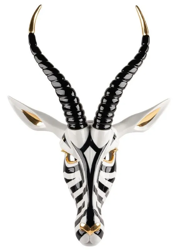 Casa Padrino Luxus Porzellan Deko Maske Antilope Schwarz / Weiß / Gold 39 x 18 x H. 57 cm - Erstklassische Qualität - Made in Spain Exklusiv