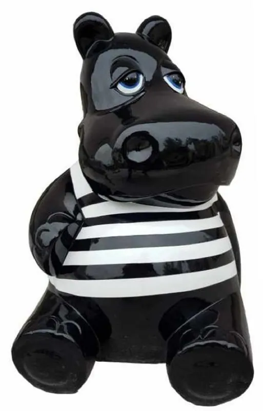 Premium Casa Padrino Designer Deko Skulptur Sitzendes Nilpferd Schwarz / Weiß H. 48 cm - Wetterbeständige Dekofigur - Wohnzimmer Deko - Garten Deko - Terrassen Deko