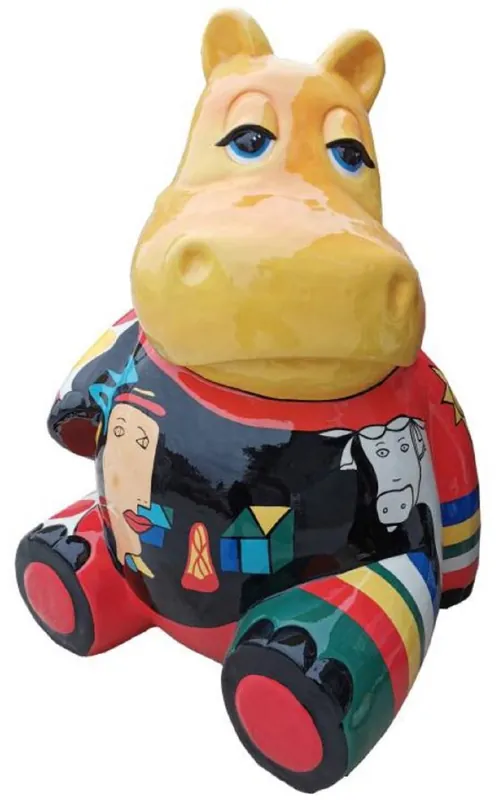 Casa Padrino Designer Deko Skulptur Sitzendes Nilpferd Mehrfarbig H. 100 cm - Wetterbeständige Dekofigur - Wohnzimmer Deko - Garten Deko - Terrassen Deko Aktuell