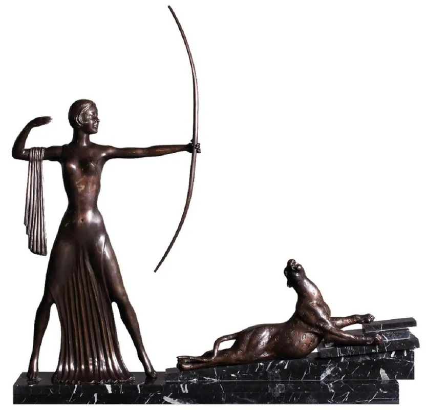 Casa Padrino Luxus Bronze Deko Skulptur Dame mit Bogen und Tiger Bronzefarben / Schwarz 85 x 13 x H. 82 cm - Luxus Deko Accessoires Exklusiv