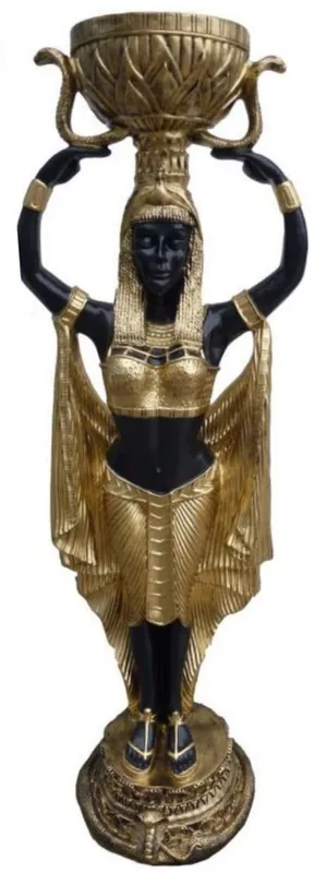 Casa Padrino Deko Skulptur Ägypterin mit Blumentopf Schwarz / Gold H. 130 cm - Wetterbeständige Ägyptische Dekofigur - Wohnzimmer Garten Terrassen Skulptur Online Kaufen