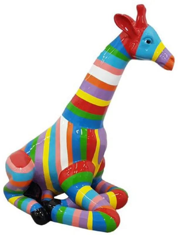 Geld-Zurück-Garantie Casa Padrino Designer Deko Skulptur sitzende Giraffe mit Streifen Bunt H. 80 cm - Wetterbeständige Dekofigur - Wohnzimmer Garten Terrassen Deko