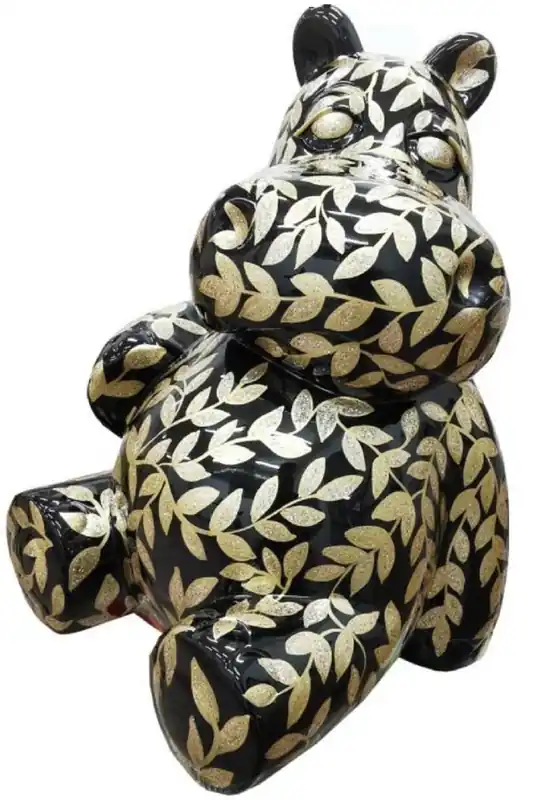 Casa Padrino Designer Deko Skulptur Sitzendes Nilpferd mit Glitzer Look Schwarz / Gold H. 100 cm - Wetterbeständige Dekofigur - Wohnzimmer Deko - Garten Deko - Terrassen Deko Schnäppchen